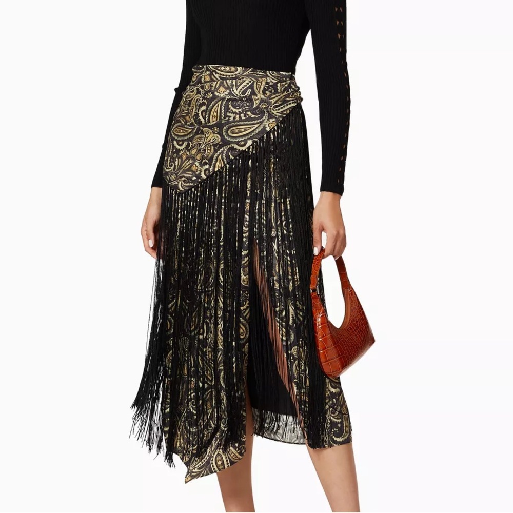 Jonathan Simkhai Skirt Paisley Asymmetrical Fringe Boho Midi Sz 4
